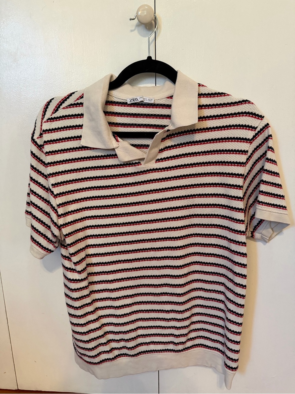 Zara Cream Polo with Black & Red Stripes